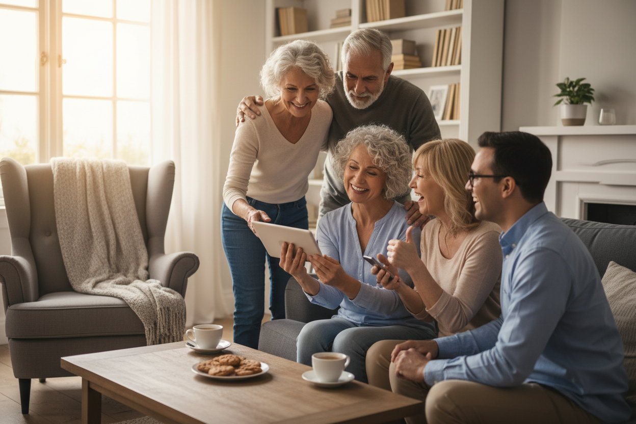Glückliche Menschen mittelalt, da sie support für ihre mobilen geräte bekommen haben zuhause